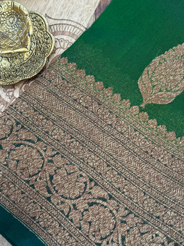 Sheer Lightweight Organza Silk Saree with Tussar Silk Border | Antique Zari | Shade of Forest Green | Handwoven | Ships from California